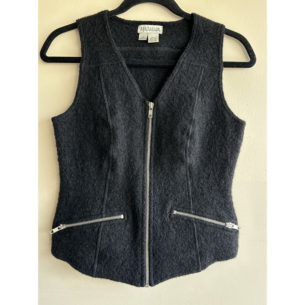 Ann Taylor Petites Vintage 100% Wool Zip Front Vest XS Black Moto Y2K